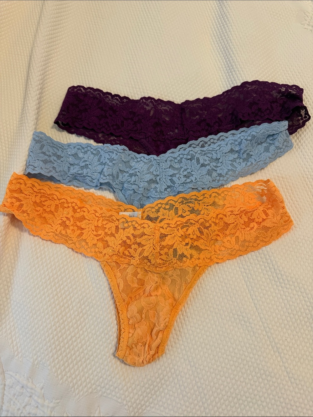 NWOT Hanky Panky Lace Thong Trio in Plum, Light Blue, and Orange